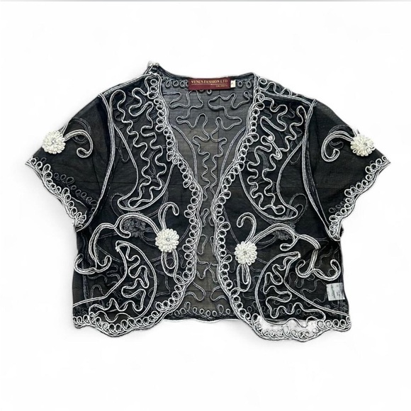 venus fas Sweaters - Black and White Embroidered Sheer Shrug